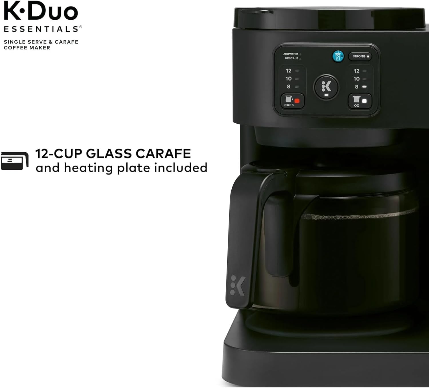 K-Duo Essentials Hot & Iced Single-Serve Coffee Maker with 12-Cup Glass Carafe, Brews KCup Pods & Coffee Grounds, Multiple Brew Sizes, 72 oz Reservoir, Pause & Pour Feature (Blacks)