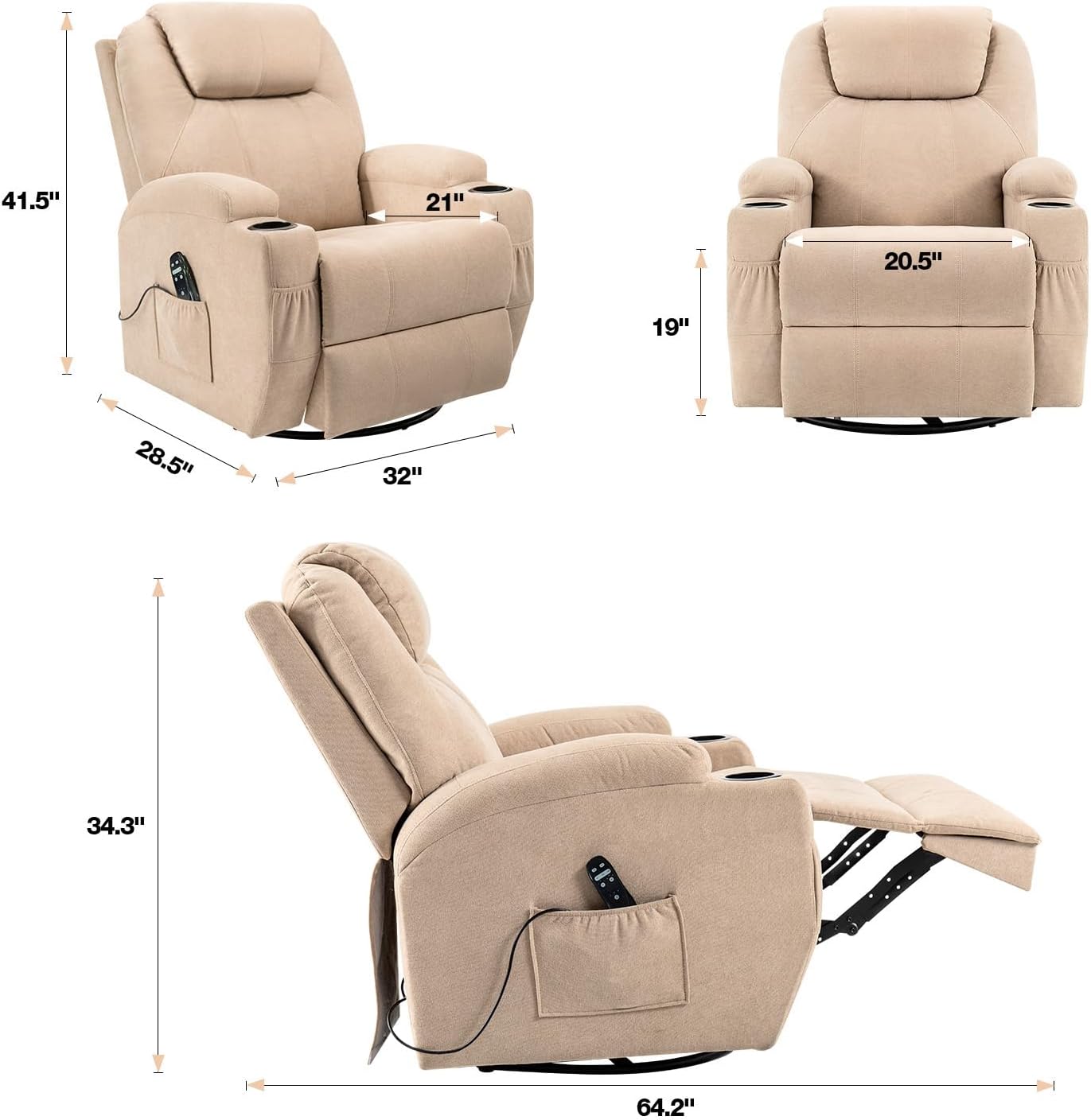 Flamaker Rocking Chair Recliner Chair with Massage Swivel Ergonomic Lounge Chair Classic Single Sofa with 2 Cup Holders Side Pockets Living Room Chair Home Theater Seat (Beige)