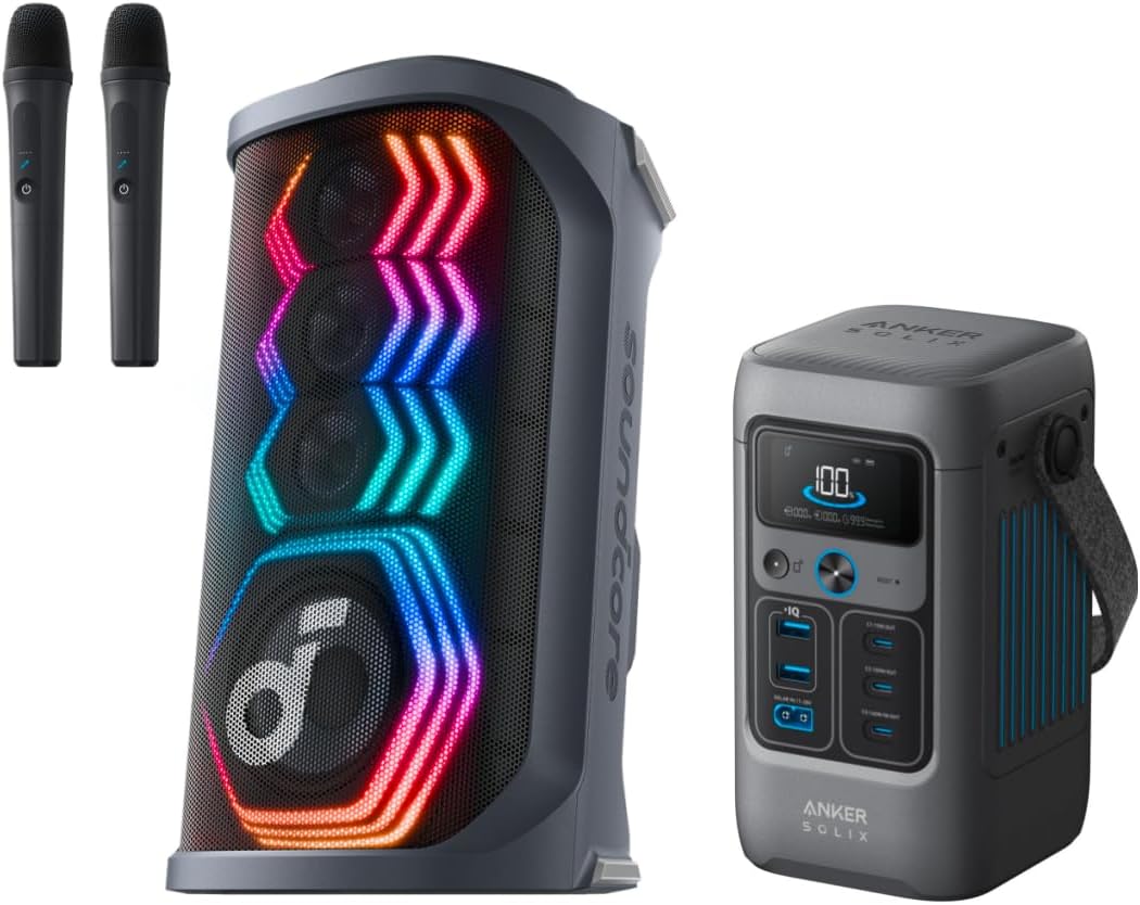 Anker Power Bank Station SOLIX & soundcore Rave 3S AI Karaoke Party Speaker with 2 Wireless Microphones