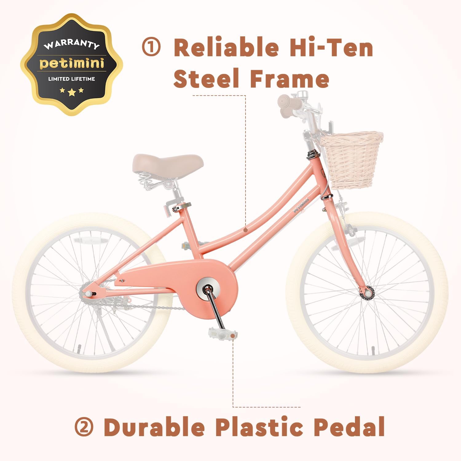 Petimini Vintage Kids Bike for Girls, 12–20 Inch Classic Bicycle with Wicker Basket & Bell, High Tensile Steel Frame, Training Wheels (12–18'), 85% Pre-Assembled, Retro Bike for Outdoor Riding