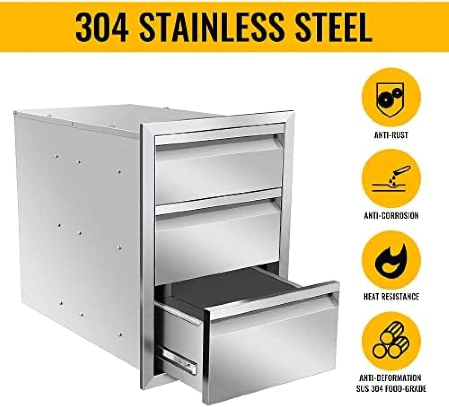 Outdoor Kitchen Drawer Stainless Steel BBQ Triple Drawer Flush Mount for Outdoor Kitchen Island,-16W X 21H X 23D Inch