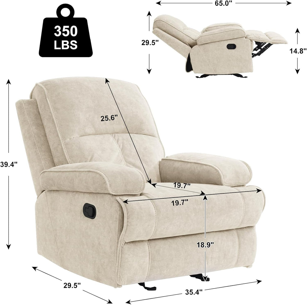 Manual Rocker Recliner Chair for Adults, High Back Glider with Deep Seat, Upholstered Fabric Armchair for Living Room & Nursery, Beige