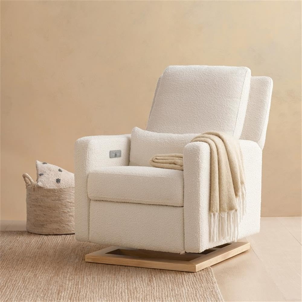 Babyletto Sigi Electronic Power Recliner and Glider with USB Port in Ivory Boucle with Light Wood Base, Greenguard Gold and CertiPUR-US Certified
