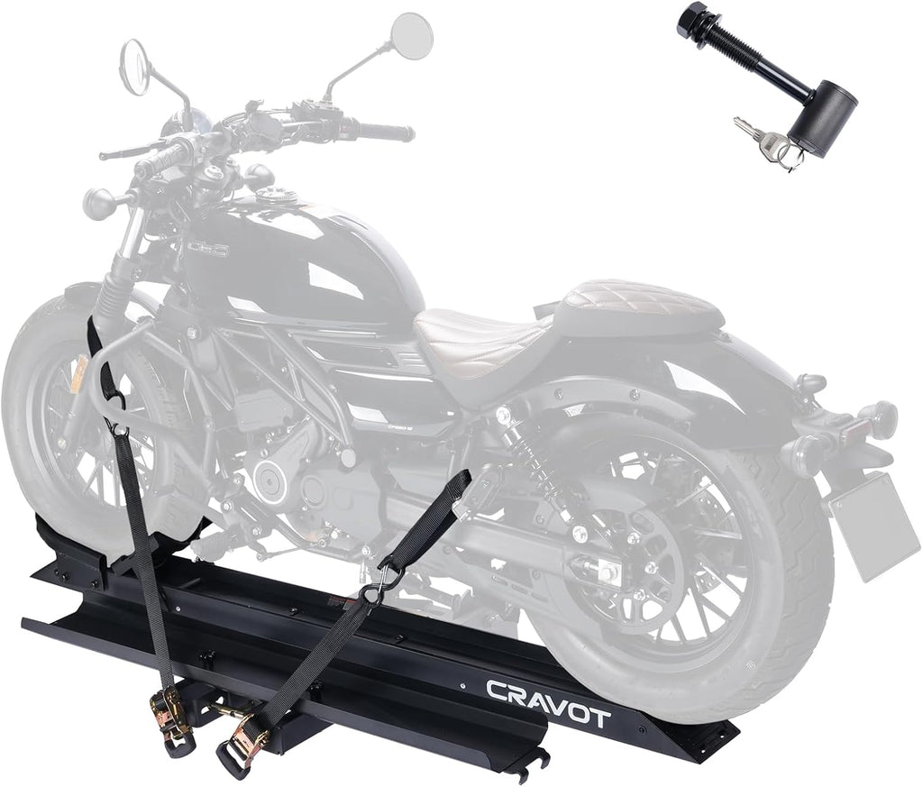 CRAVOT Motorack M1 Max Motorcycle Hitch Carrier with Ramp, 660 lbs Capacity Motorbike Carrier, Foldable Hauler Hitch Mount Rack Anti-Rattle Up to 6-inch Fat Tire 2' Receiver