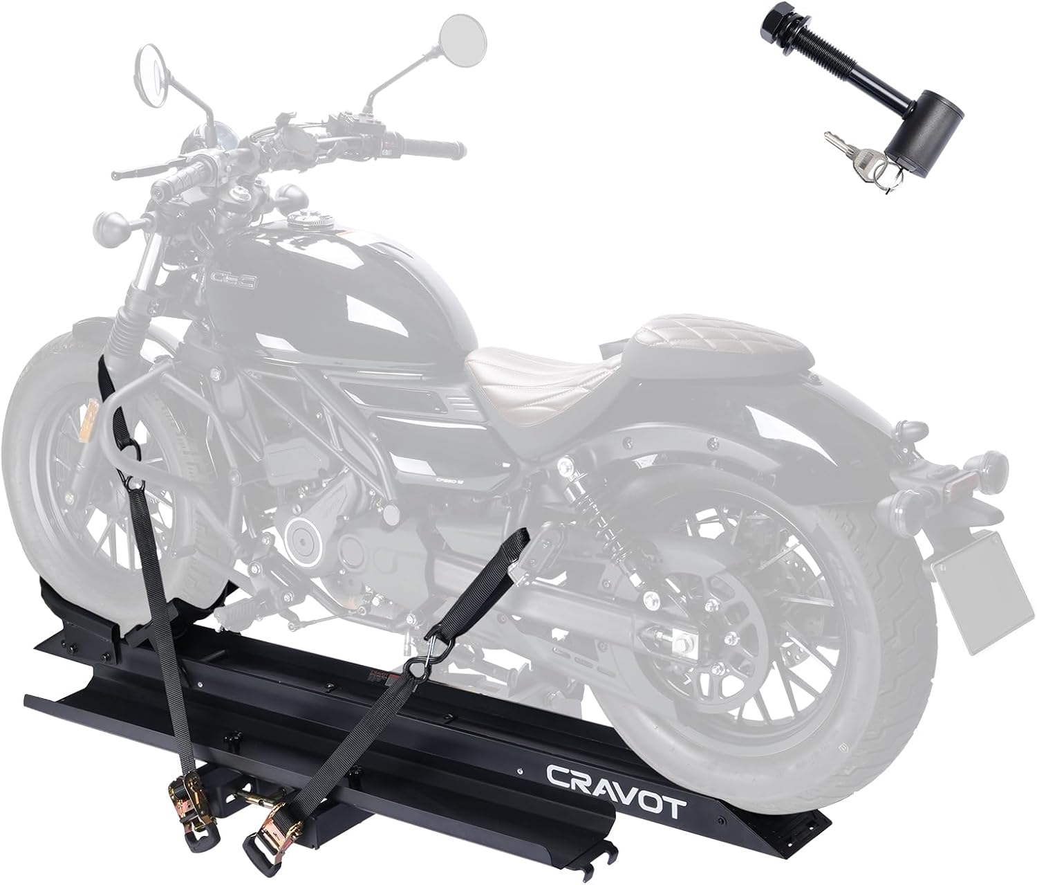 CRAVOT Motorack M1 Max Motorcycle Hitch Carrier with Ramp, 660 lbs Capacity Motorbike Carrier, Foldable Hauler Hitch Mount Rack Anti-Rattle Up to 6-inch Fat Tire 2' Receiver