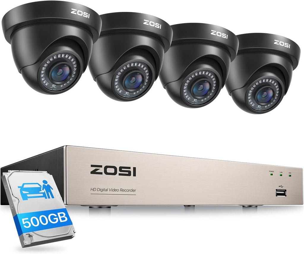 ZOSI 1080P Home Security Camera System with 500GB Hard Drive, Human Vehicle Detection, Night Vision, Remote Access, 3K Lite H.265+ 8Channel Wired DVR and 4 x 2MP HD Indoor Outdoor CCTV Dome Cameras