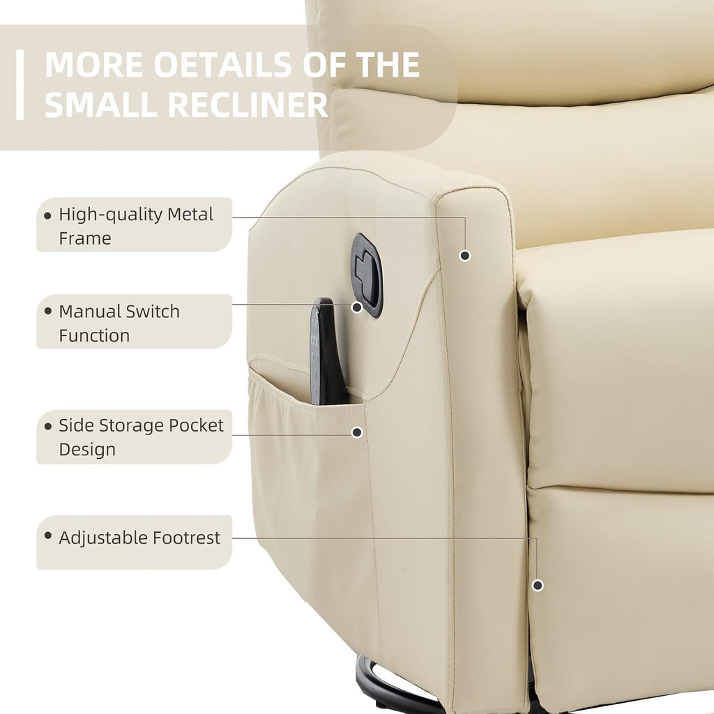 PELUMY 360° Swivel Rocker Recliner with Heat & Vibration Massage, Glider Rocking Chair for Adults, Compact Recliner for Living Room, Small Spaces, Nursery, Bedroom (Breathable Leather, Creamy Beige)