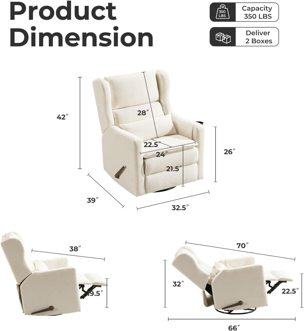 Large Glider Rocker Recliner,Rocking Chair Nursery with Adjustable Headrest,Swivel Rocker Recliner with Lumbar Support,Manual Nursery Rocker Recliner for Living Room& Bedroom,Chenille White