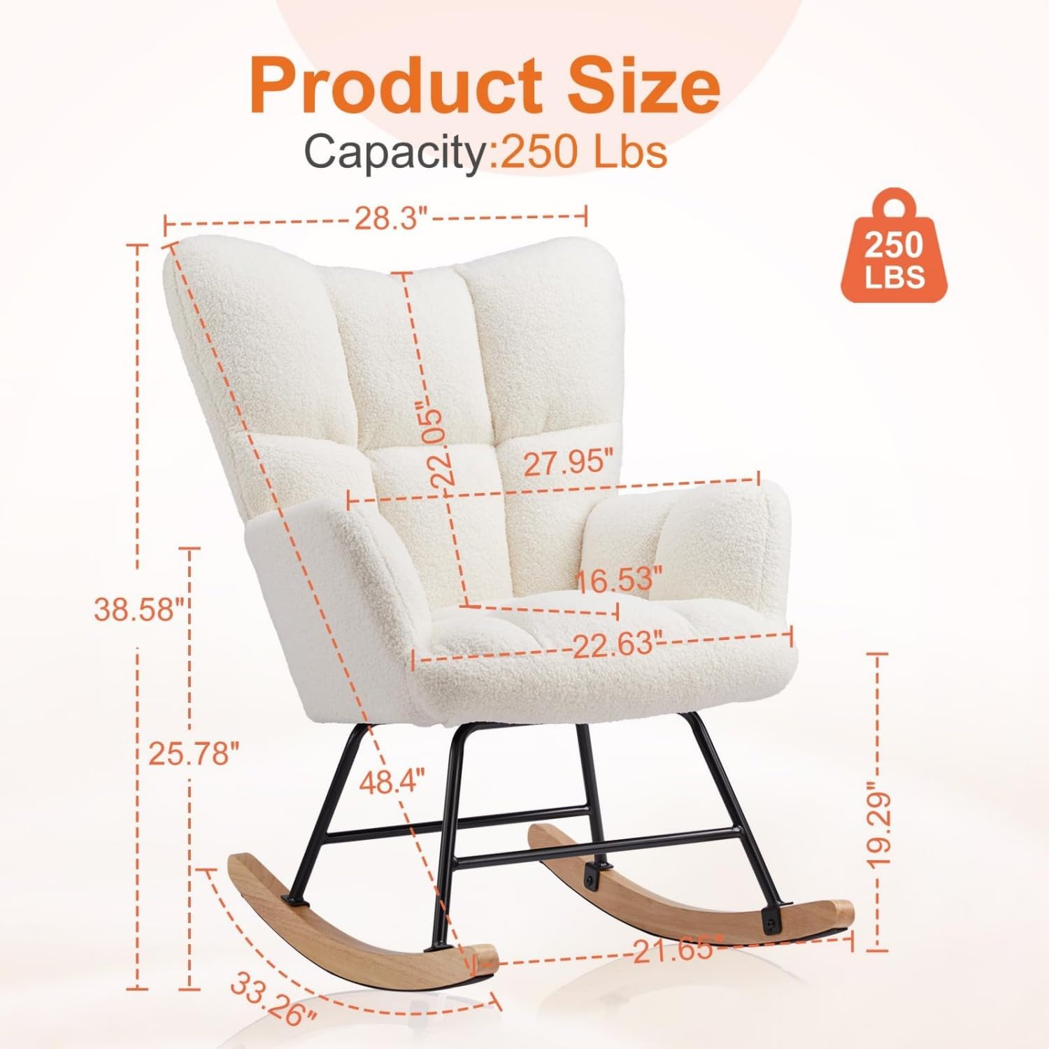 Rocking Chair, Upholstered Glider Rocker Accent Chair, Nnursery Rocking Chairs with High Backrest for Small Spaces, Indoor, Living Room, Bedroom, White