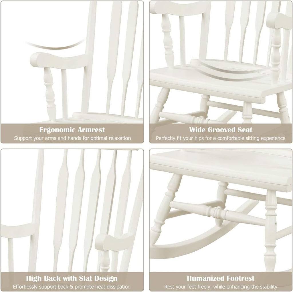 Giantex Outdoor Wood Rocking Chair Set of 2 - Patio Rocking Chair with Rubber Wood Frame, Slat Back, Outside & Indoor Rocker for Garden, Poolside, Balcony, Backyard, Lawn, Front Porch Rocker, White