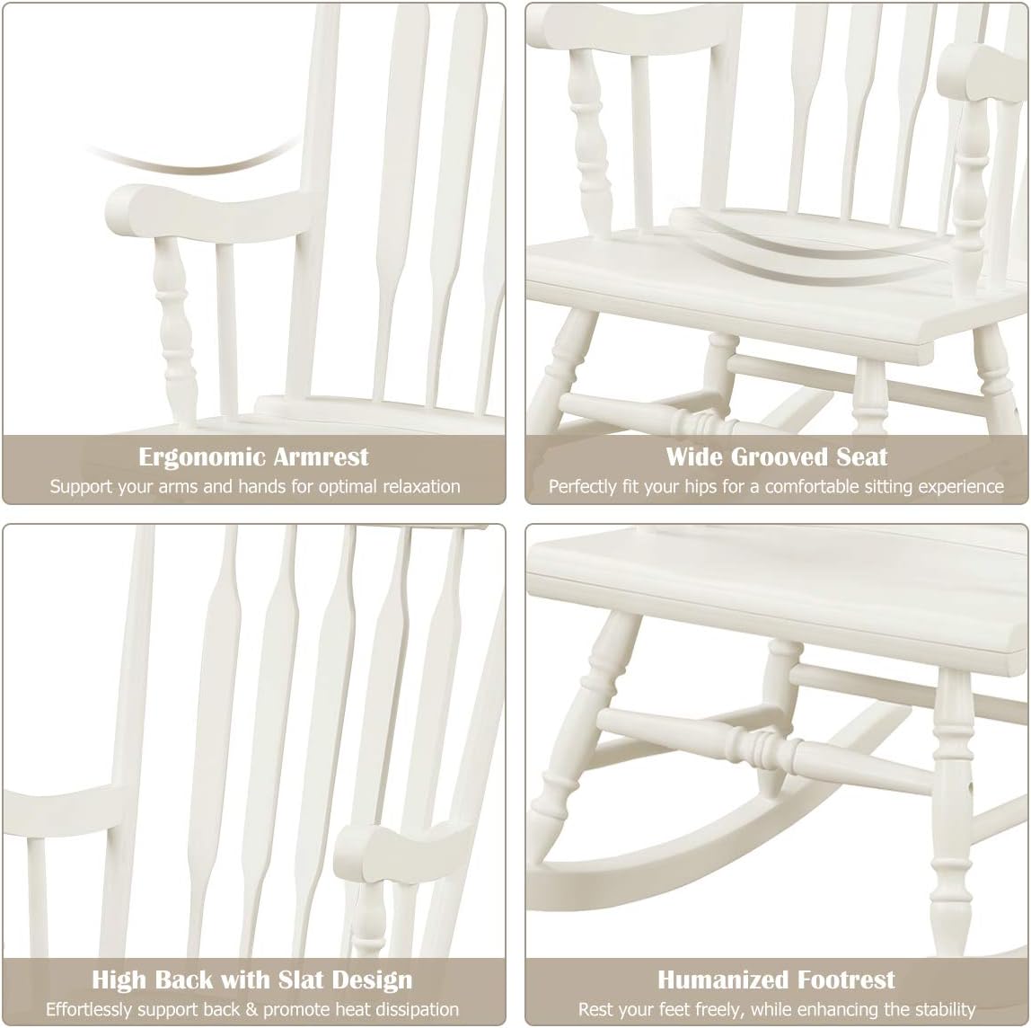 Giantex Outdoor Wood Rocking Chair - Patio Rocking Chair with Solid Rubber Wood Frame, Slat Back, Outside & Indoor Rocker for Garden, Poolside, Balcony, Backyard, Lawn, Front Porch Rocker, White