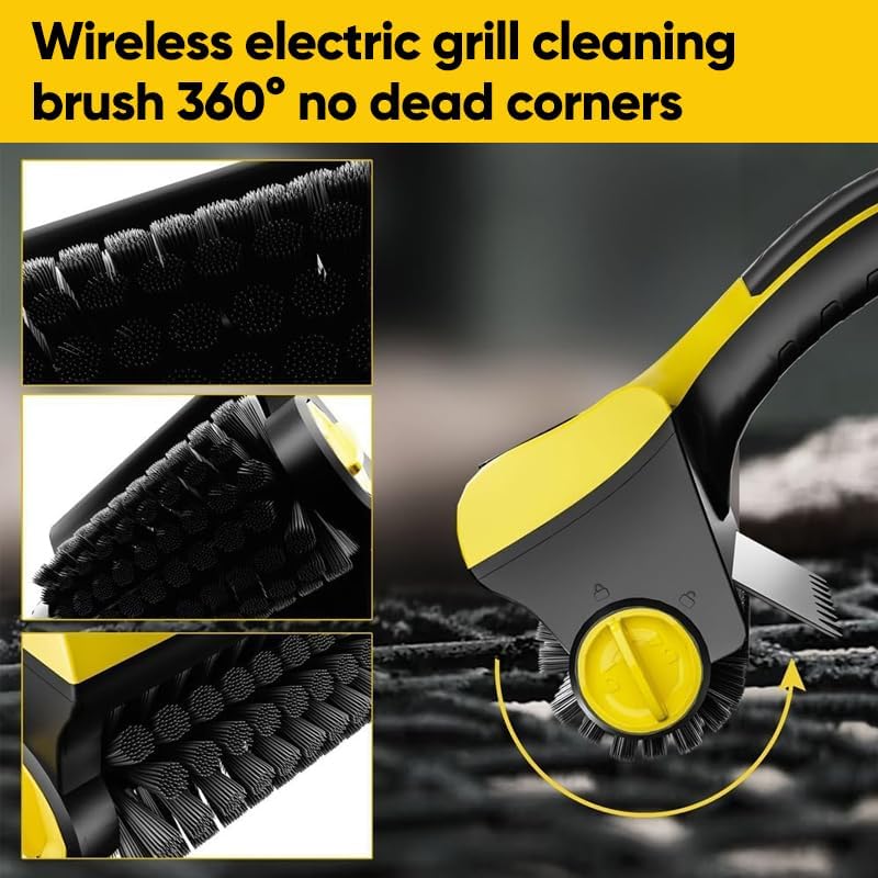 Cordless Electric Grill Cleaner - 360° Rotating BBQ Brush with Replacement Bristles, Safe for Charcoal Grates & All Grill Types, Fast & Efficient Cleaning Tool
