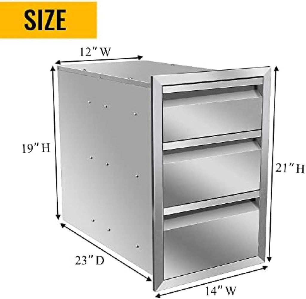 Outdoor Kitchen Drawer Stainless Steel BBQ Triple Drawer Flush Mount for Outdoor Kitchen Island,-14W X 21H X 23D Inch