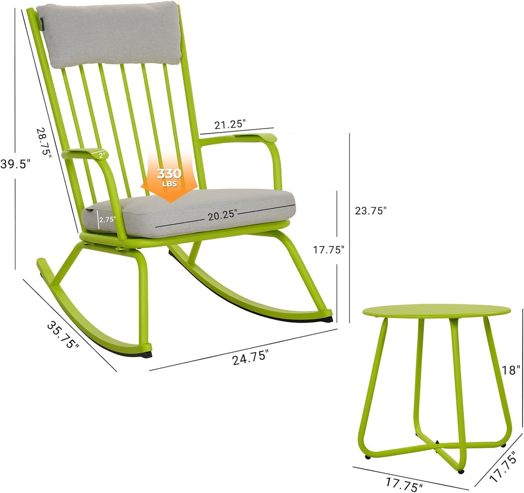 Grand patio Rocking Chair Outdoor, Bistro Table and Chairs Set, Steel Rocking Chairs with Cushions and 18-inch Coffee Table, Outdoor Bistro Set for Patio Porch Deck, Lime Green