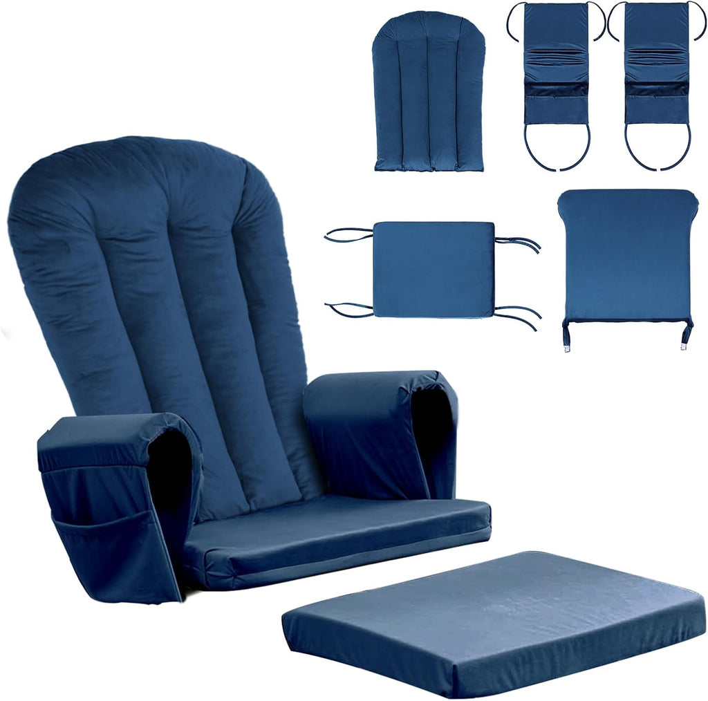 Lucky Monet 5PCS Velvet Glider Rocker Replacement Cushions, Thickened & Supportive Rocking Chair Cushion Set with 29.5 Inch High Backrest & Storage Pockets, for Indoor Nursery Glider & Ottoman, Blue