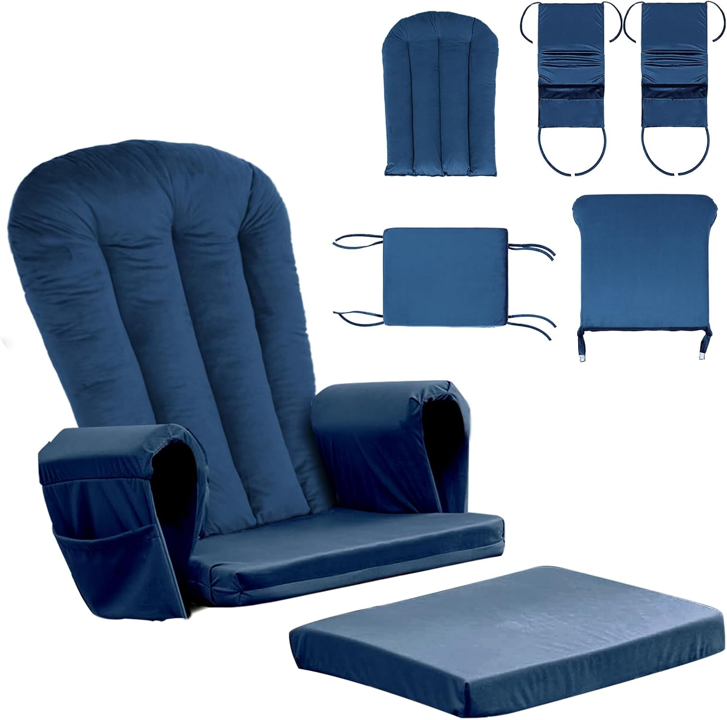 Lucky Monet 5PCS Velvet Glider Rocker Replacement Cushions, Thickened & Supportive Rocking Chair Cushion Set with 29.5 Inch High Backrest & Storage Pockets, for Indoor Nursery Glider & Ottoman, Blue