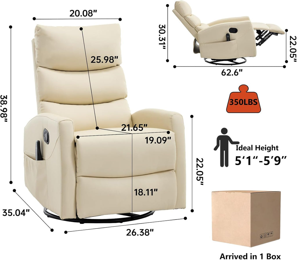 PELUMY 360° Swivel Rocker Recliner with Heat & Vibration Massage, Glider Rocking Chair for Adults, Compact Recliner for Living Room, Small Spaces, Nursery, Bedroom (Breathable Leather, Creamy Beige)