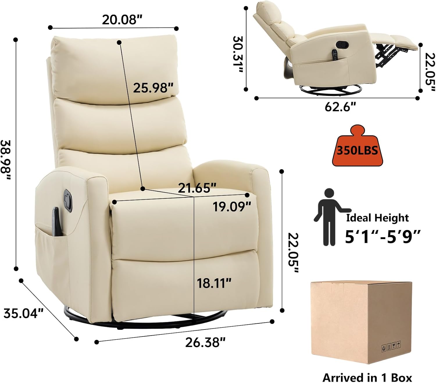 PELUMY 360° Swivel Rocker Recliner with Heat & Vibration Massage, Glider Rocking Chair for Adults, Compact Recliner for Living Room, Small Spaces, Nursery, Bedroom (Breathable Leather, Creamy Beige)