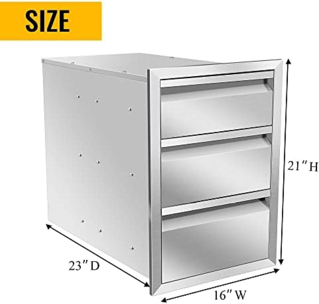 Outdoor Kitchen Drawer Stainless Steel BBQ Triple Drawer Flush Mount for Outdoor Kitchen Island,-16W X 21H X 23D Inch