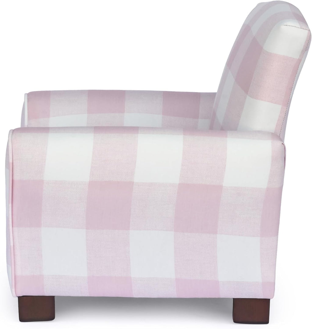 Toddler Personalized Armchair, Kids Upholstered Rocking Chair with Personalization, Toddler Chair with Personalized Name, Comfy Child Armchair (Legs, Pink Check)