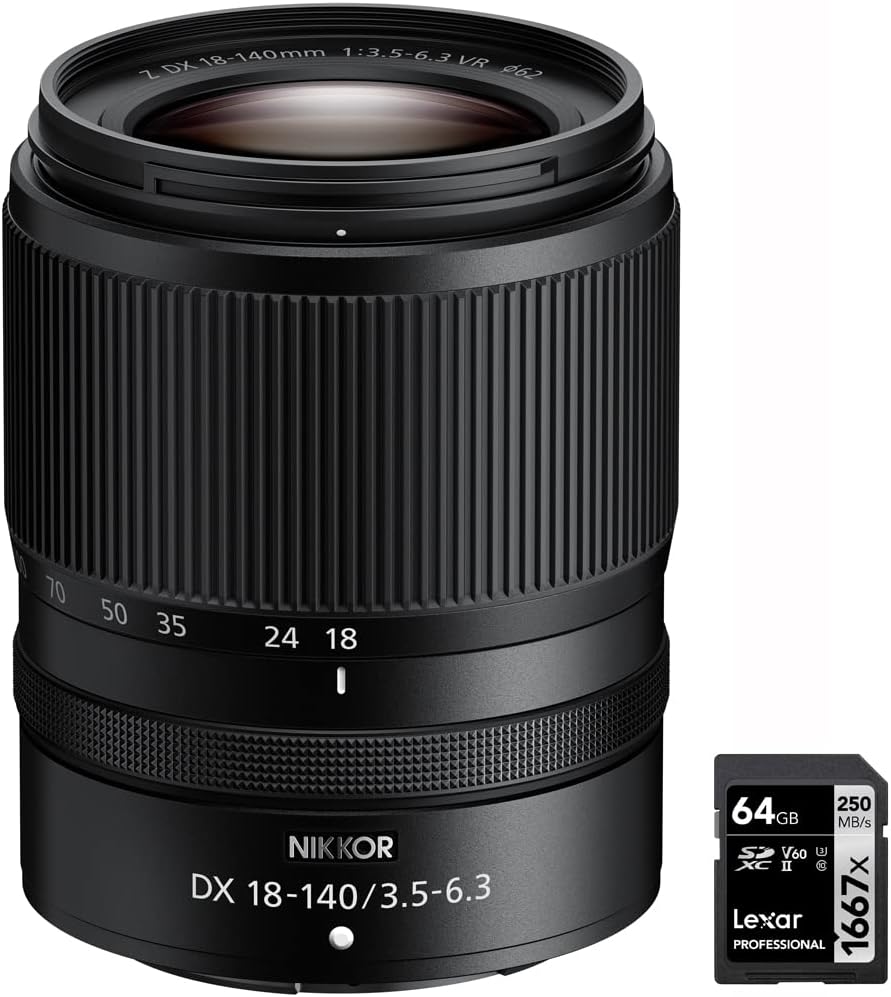 Nikon 20104 NIKKOR Z DX 18-140mm f/3.5-6.3 VR Zoom Lens for Z-Mount Mirrorless Cameras Bundle with Lexar Professional SDHC/SDXC 1667x UHS-II 64GB Memory Card