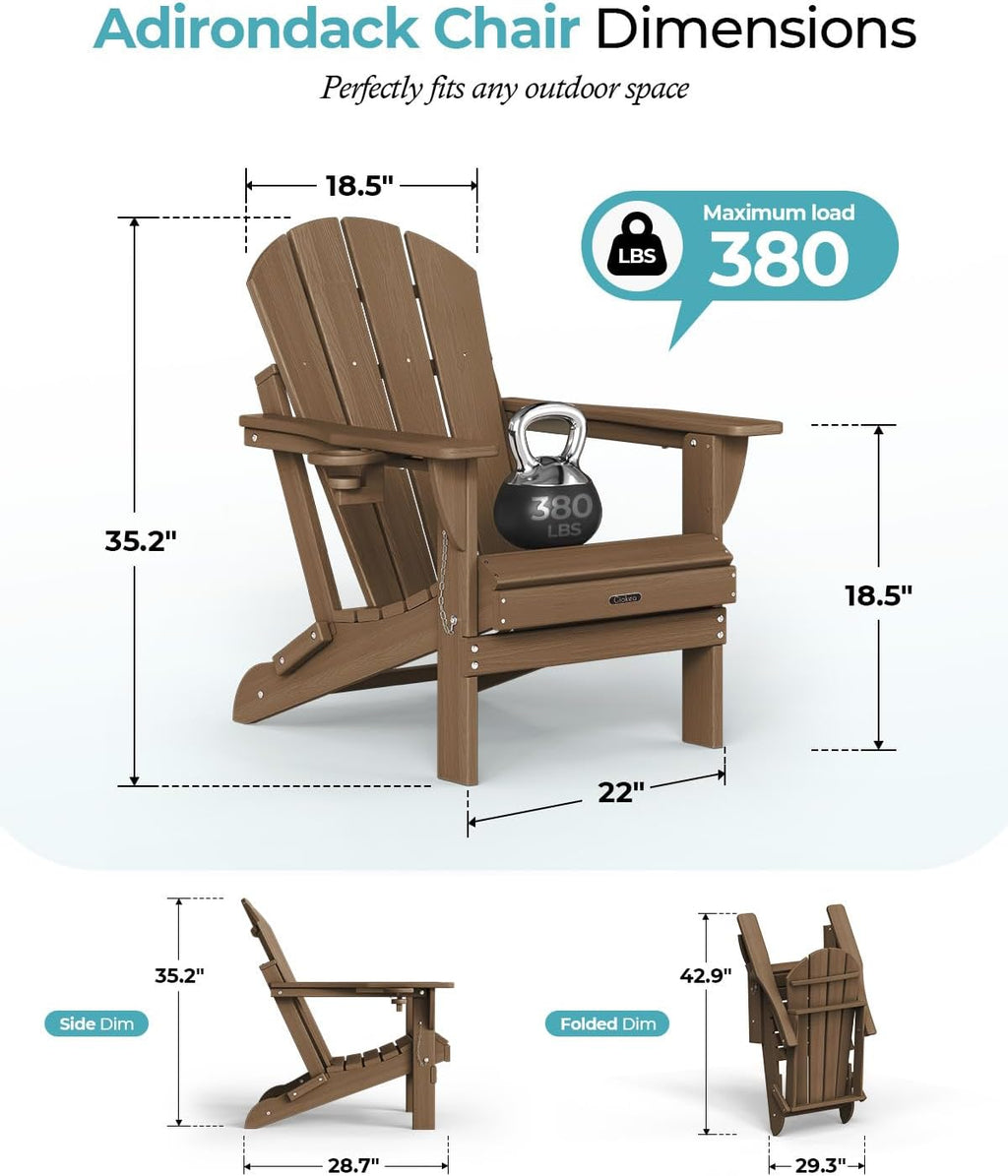 Ciokea Folding Adirondack Chair Wood Texture, Patio Adirondack Chair Weather Resistant, Plastic Fire Pit Chair with Cup Holder, Lawn Chair for Outdoor Porch Garden Backyard Deck, Brown