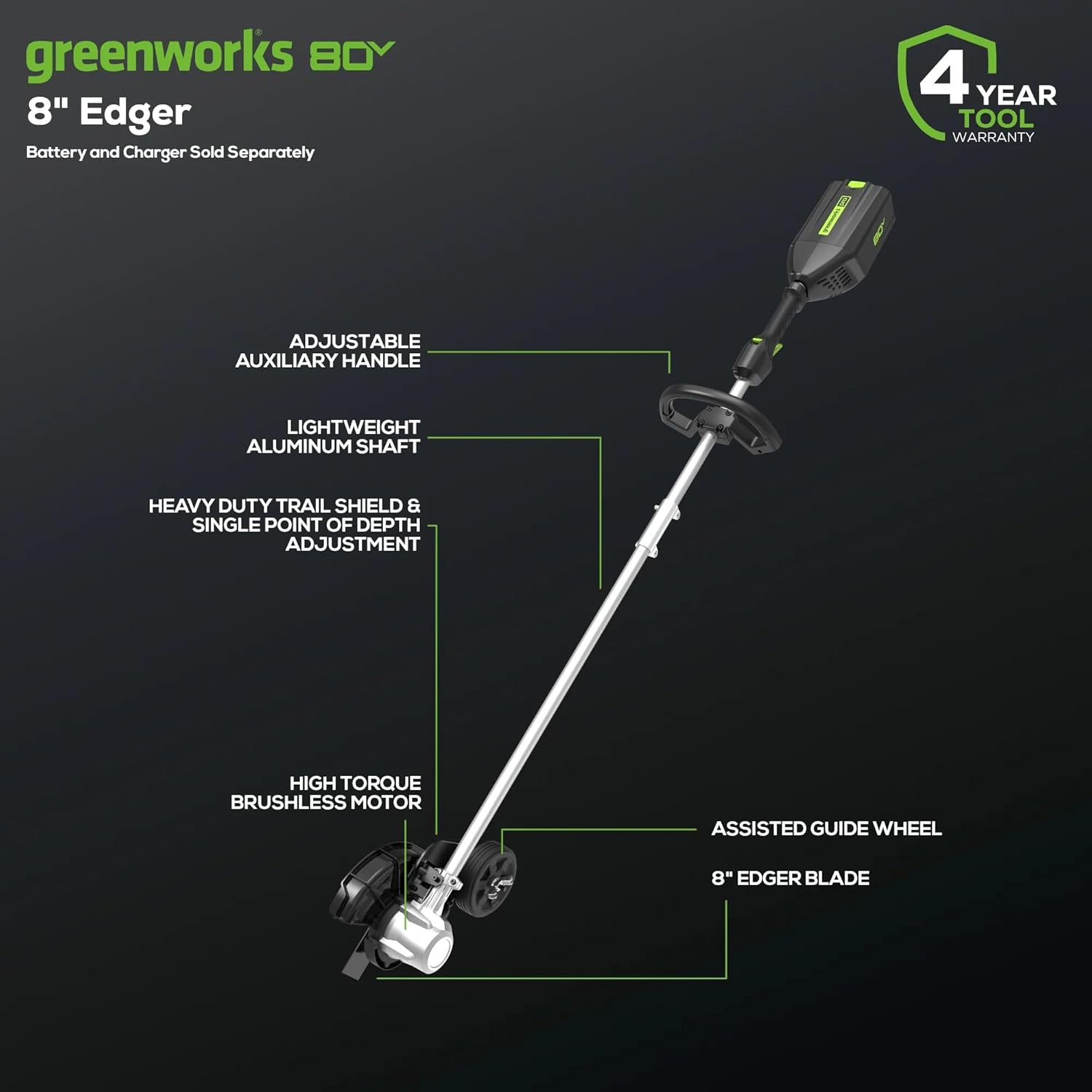 Greenworks Pro 80V 8 inch Brushless Edger, Battery Not Included ED80L00