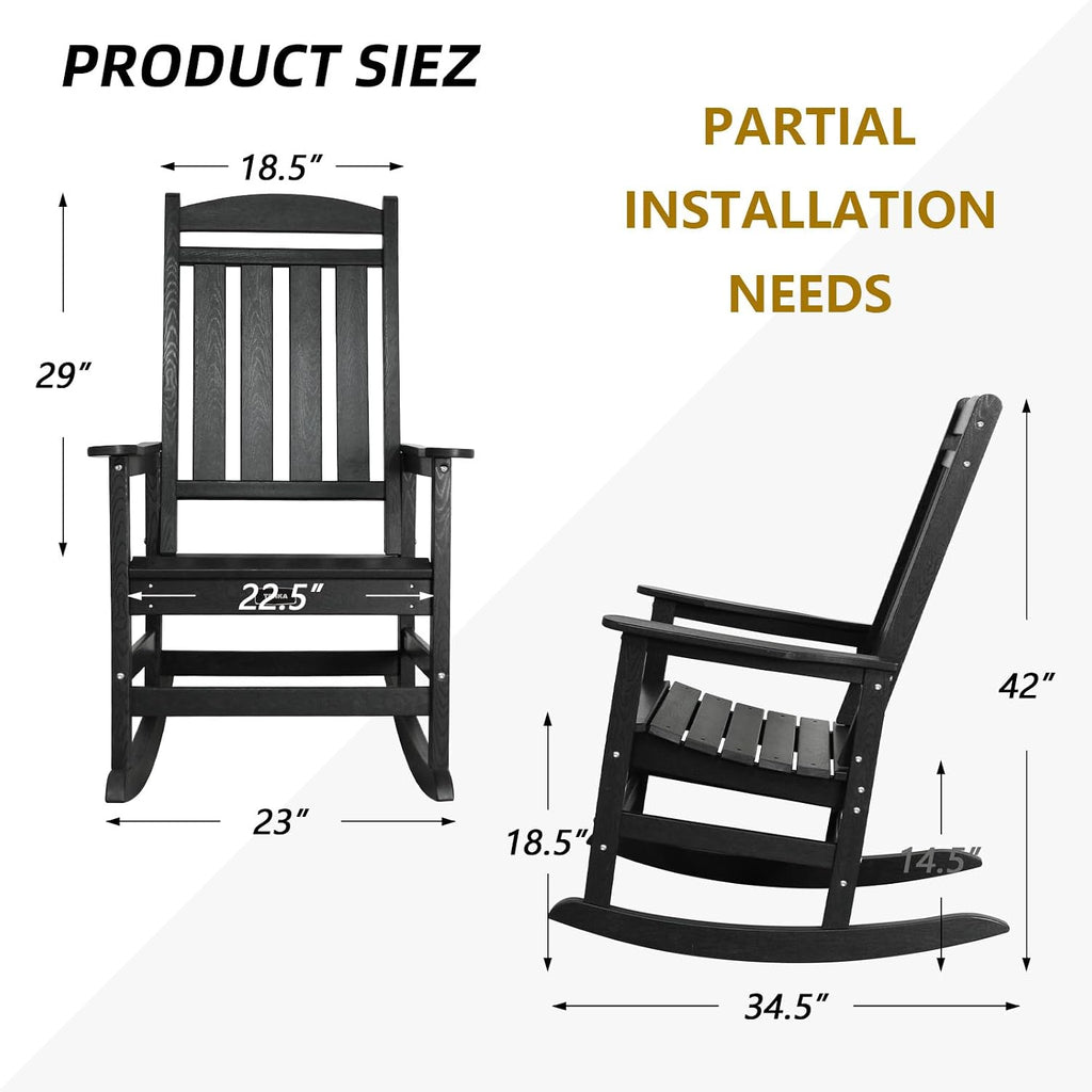 TenKa HDPE Patio Oversized Rocking Chair Set of 2, Outdoor Rocking Chair for Adults, All Weather Resistant Porch Rocker for Lawn Garden