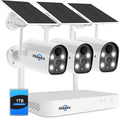 Hiseeu Solar Battery Powered Wireless Security Camera System,100% Wire-Free 3-Cam Kits,2K HD, Spotlight, Color Night Vision, 2-Way Audio, PIR, Wall Mount, Waterproof, Record with 1TB HDD Home Secuirty