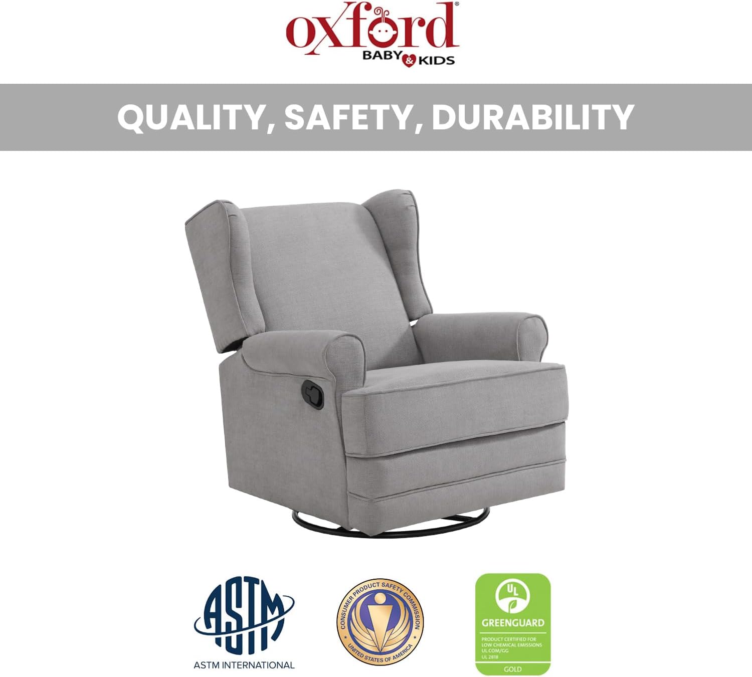 Oxford Baby Teegan Upholstered Glider Recliner Rocking Chair 360° Swivel for Nursery and Living Room - Gray