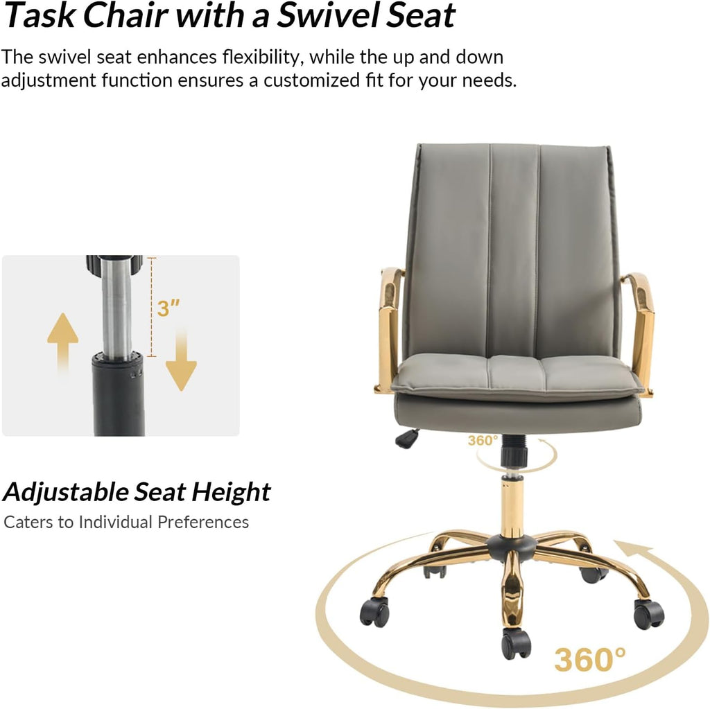 HULALA HOME Faux Leather Office Chair, Modern Adjustable Swivel Rocking Rolling Wheels Computer Desk Chair with Gold Legs and Arms, Upholstered Study Chair (Grey)