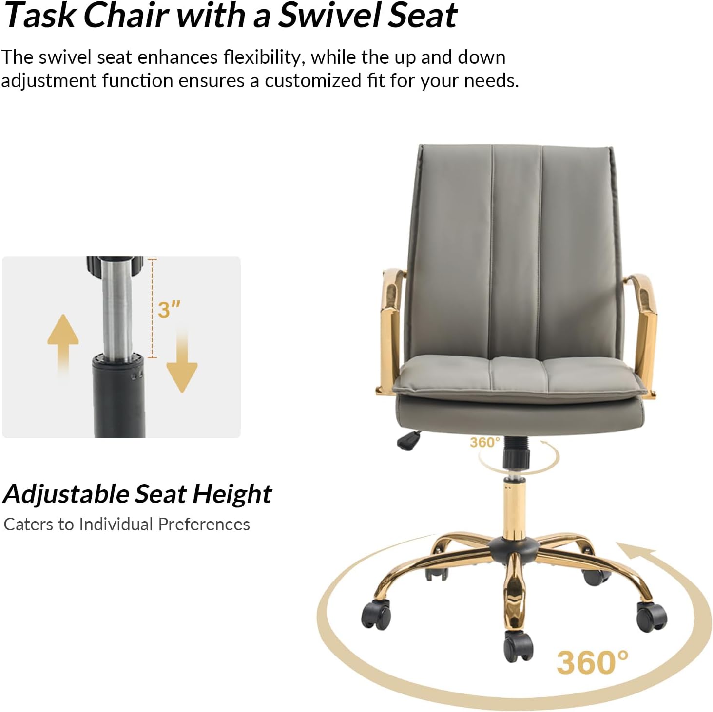 HULALA HOME Faux Leather Office Chair, Modern Adjustable Swivel Rocking Rolling Wheels Computer Desk Chair with Gold Legs and Arms, Upholstered Study Chair (Grey)