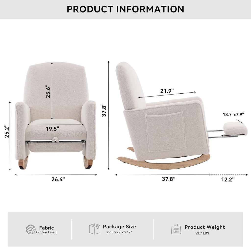 FOXHUNTER Rocking Chair Nursery with Adjustable Footrest and High Backrest, Upholstered Glider Chairs with Side Pockets for Nursery, Rocker Armchair Indoor for Living Room,White