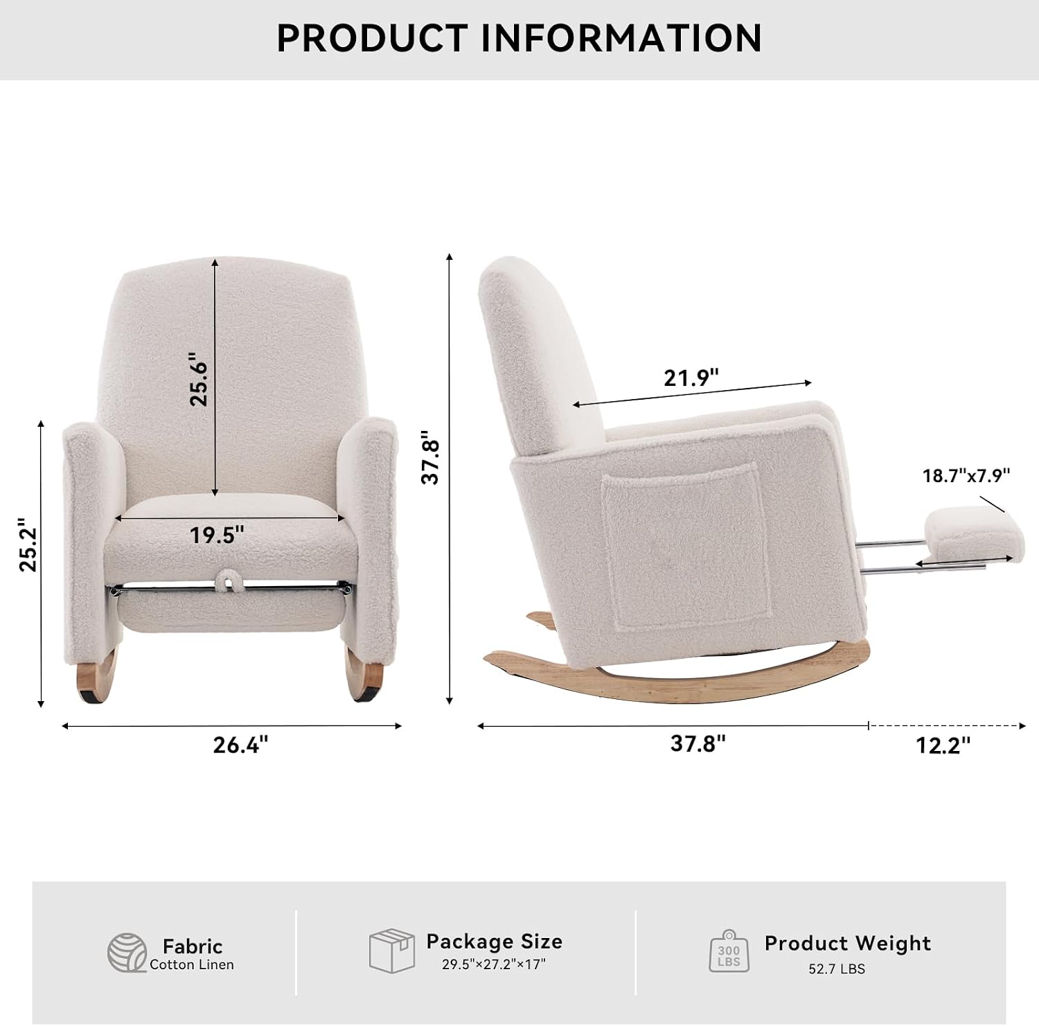 FOXHUNTER Rocking Chair Nursery with Adjustable Footrest and High Backrest, Upholstered Glider Chairs with Side Pockets for Nursery, Rocker Armchair Indoor for Living Room,White