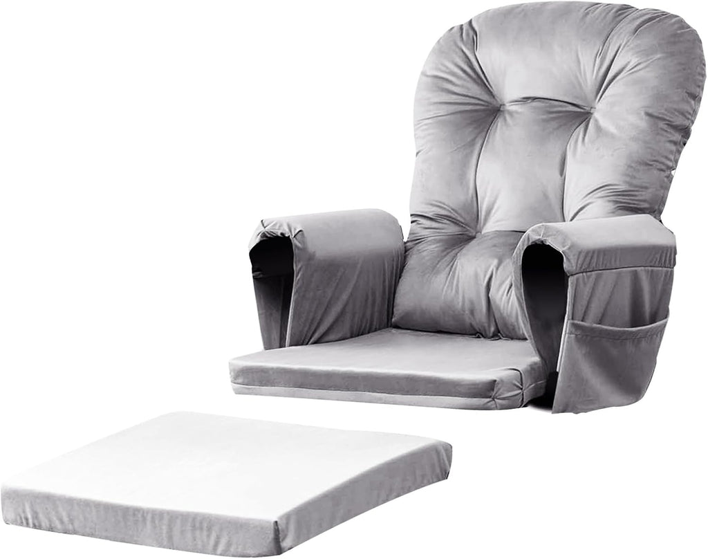 Lucky Monet 5Pcs Glider Rocker Replacement Cushions - Velvet Glider Cushions Replacement Set with Side Storage Pockets, Thick Glider Chair Cushions Washable & Non Slip, Cushion ONLY - Gray