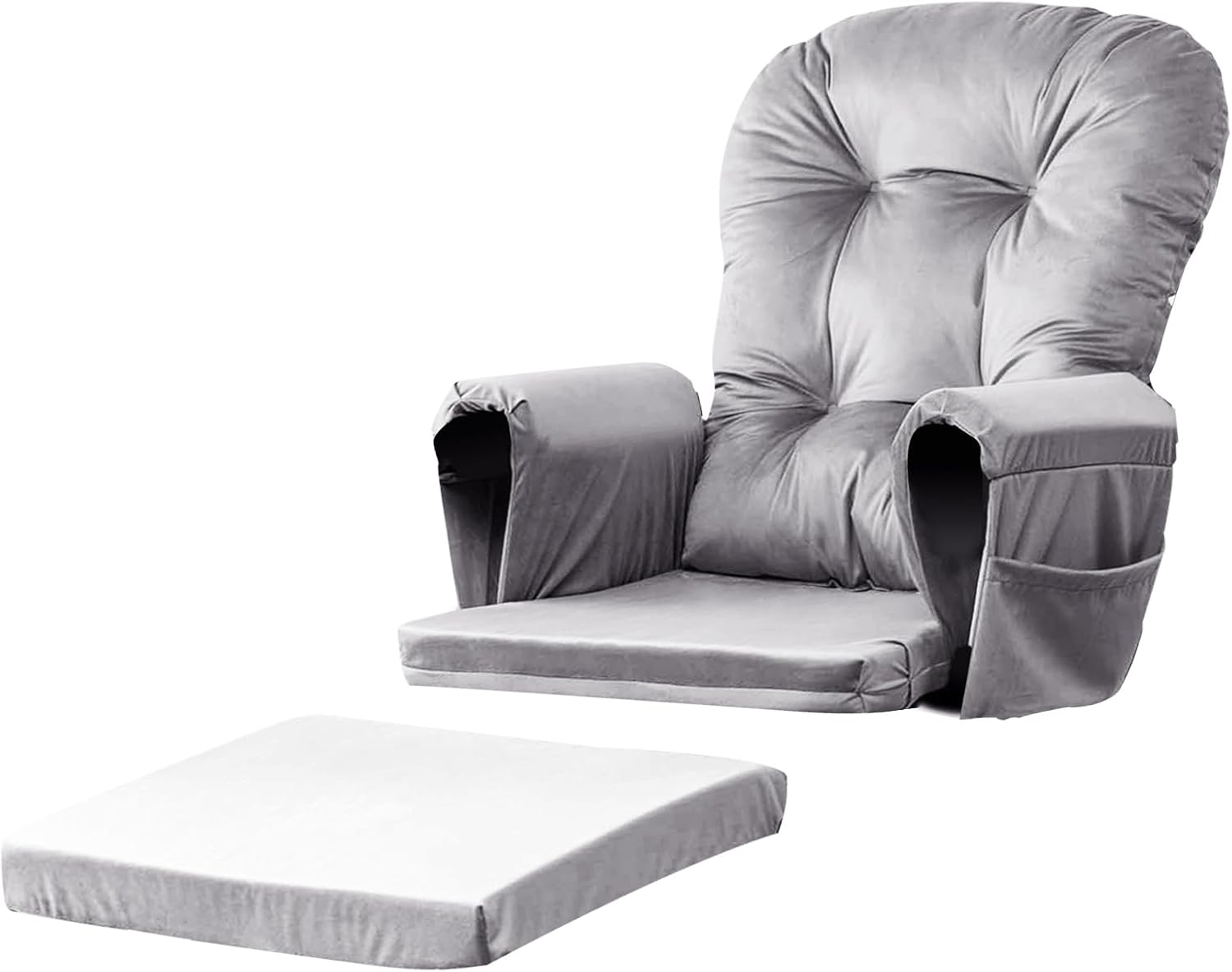 Lucky Monet 5Pcs Glider Rocker Replacement Cushions - Velvet Glider Cushions Replacement Set with Side Storage Pockets, Thick Glider Chair Cushions Washable & Non Slip, Cushion ONLY - Gray