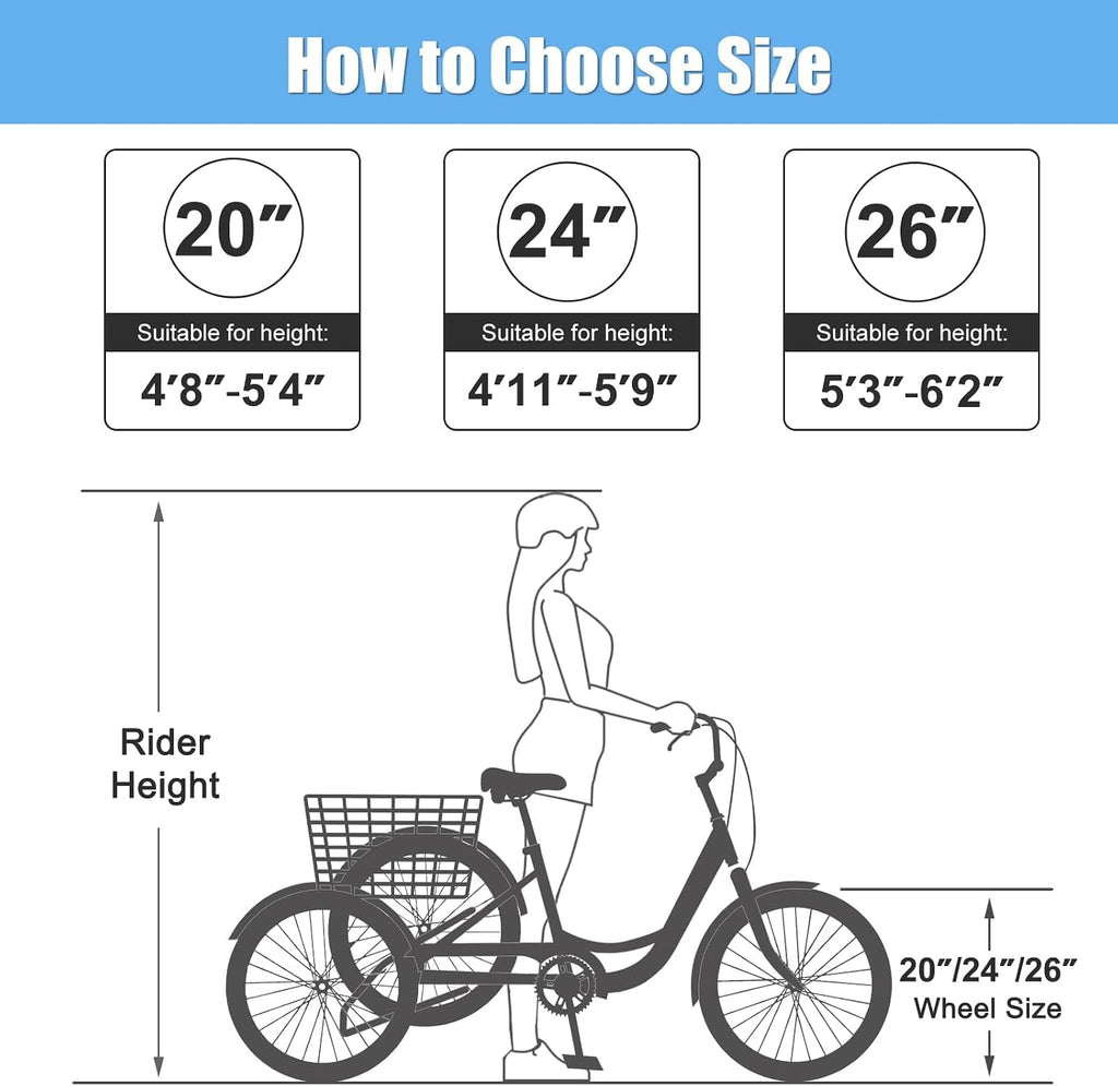 Slsy Adult Tricycle 7 Speed, 20/24/26 Inch Step-Through 3 Wheel Bike for Adults with Large Shopping Basket, 350 lb Capacity Adult Trike for Seniors, Women and Men