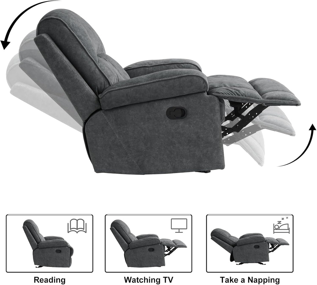 Manual Rocker Recliner Chair for Adults, High Back Glider with Deep Seat, Upholstered Fabric Armchair for Living Room & Nursery, Dark Grey