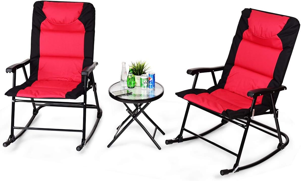 Tangkula 3-Piece Folding Bistro Set, Outdoor Rocking Chairs & Round Table, Patio Folding Furniture Set for Backyard, Garden, Poolside, Porch (Red)