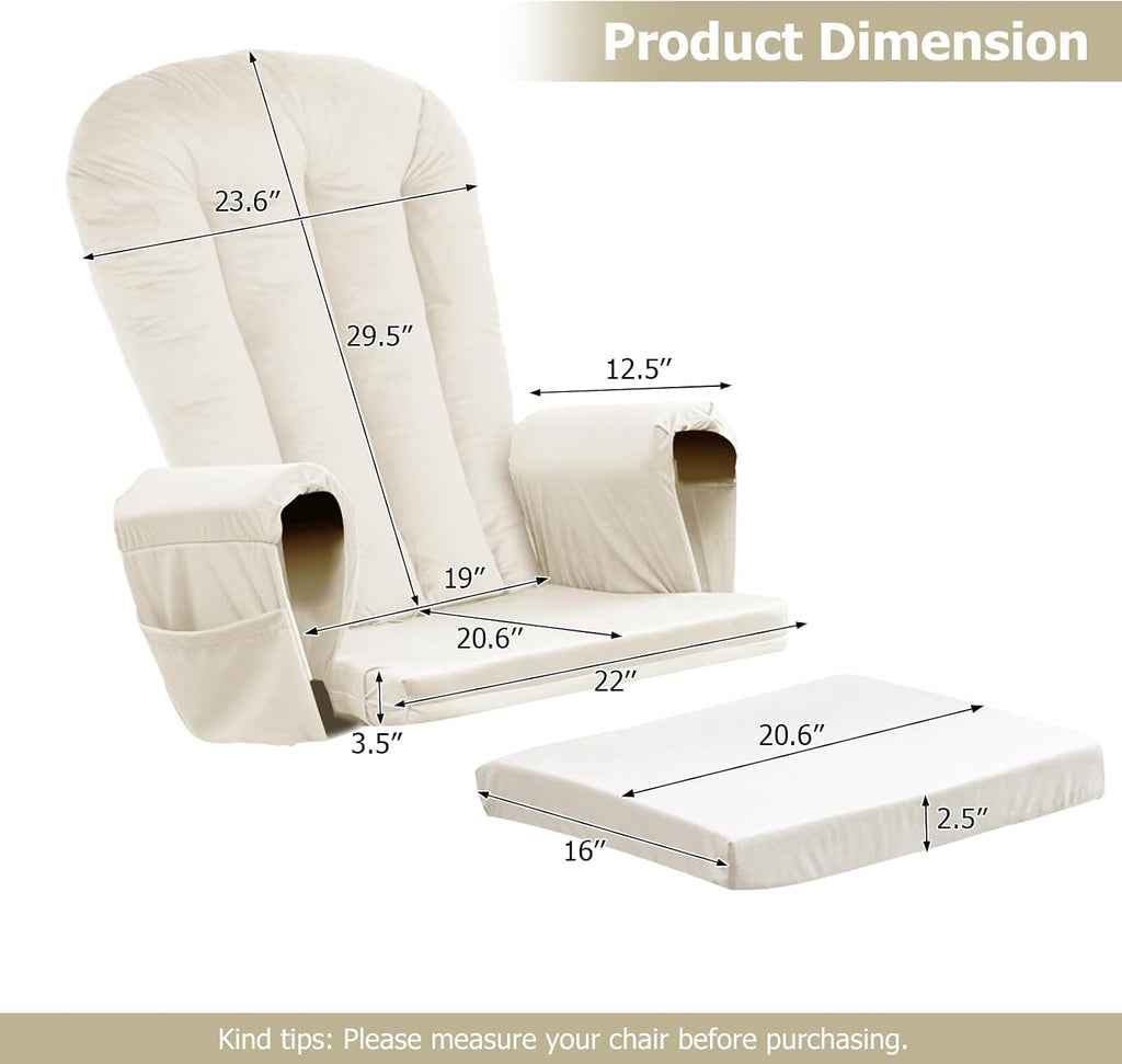 Lucky Monet 5PCS Velvet Glider Rocker Replacement Cushions, Thickened & Supportive Rocking Chair Cushion Set with 29.5 Inch High Backrest & Storage Pockets, for Indoor Nursery Glider, Beige