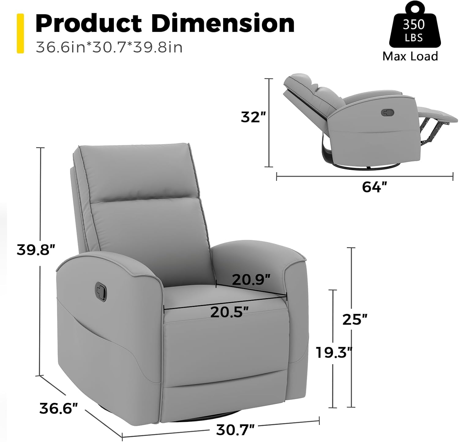 ANJ Manual Swivel Rocker Recliner, Glider Recliners with Padded Armrest and Backrest, Soft Faux Leather Nursery Rocking Recliner Chair Reclining Sofa for Living Room