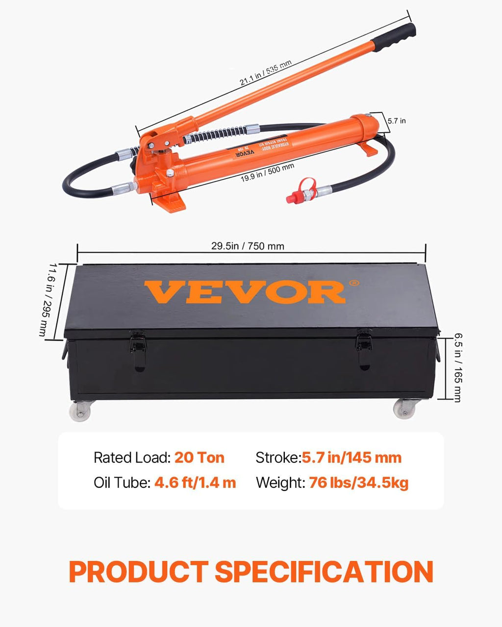 VEVOR Porta Power Kit, 20 Ton Load, Portable Hydraulic Jack with 4.6 ft Extended Oil Hose, Comprehensive Accessories, Car Frame Repair Tool with Portable Storage Case for Automotive, Heavy Equipment