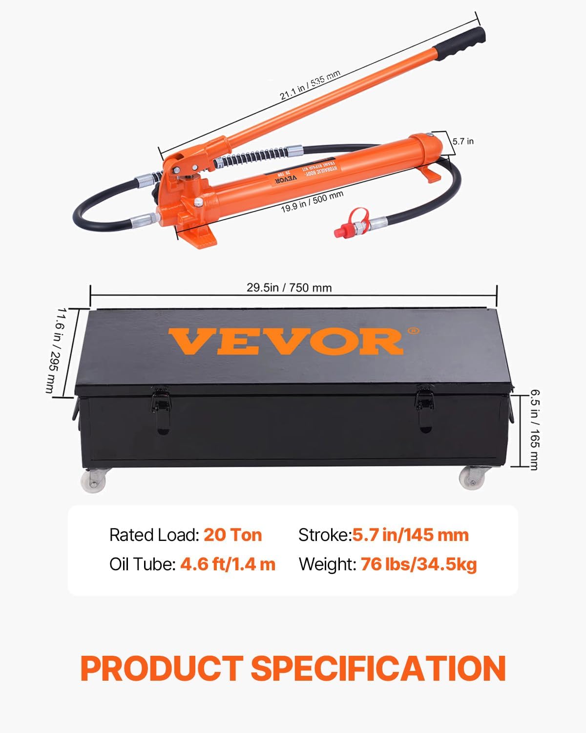 VEVOR Porta Power Kit, 20 Ton Load, Portable Hydraulic Jack with 4.6 ft Extended Oil Hose, Comprehensive Accessories, Car Frame Repair Tool with Portable Storage Case for Automotive, Heavy Equipment