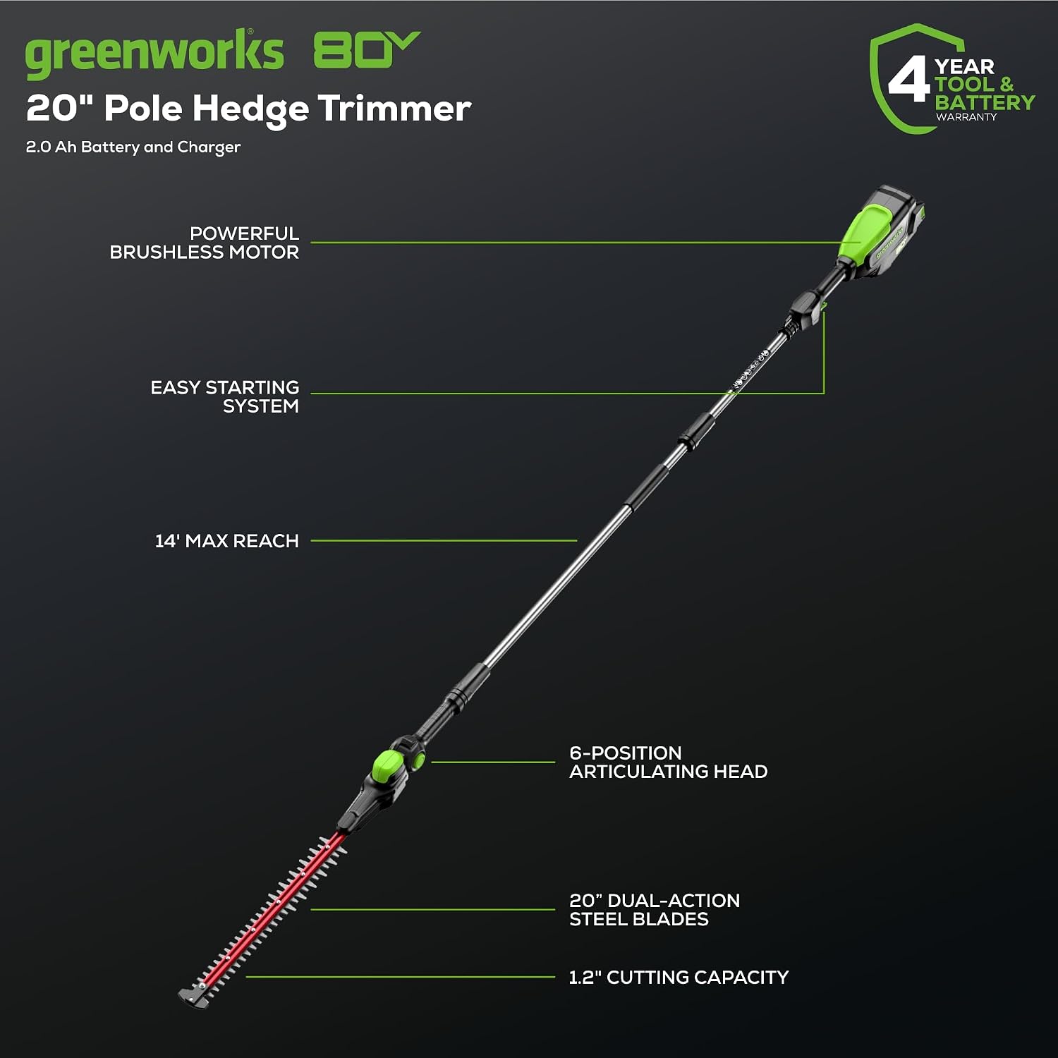 Greenworks 80V 20' Brushless Pole Hedge Trimmer, 2.0Ah Battery and 2A Charger