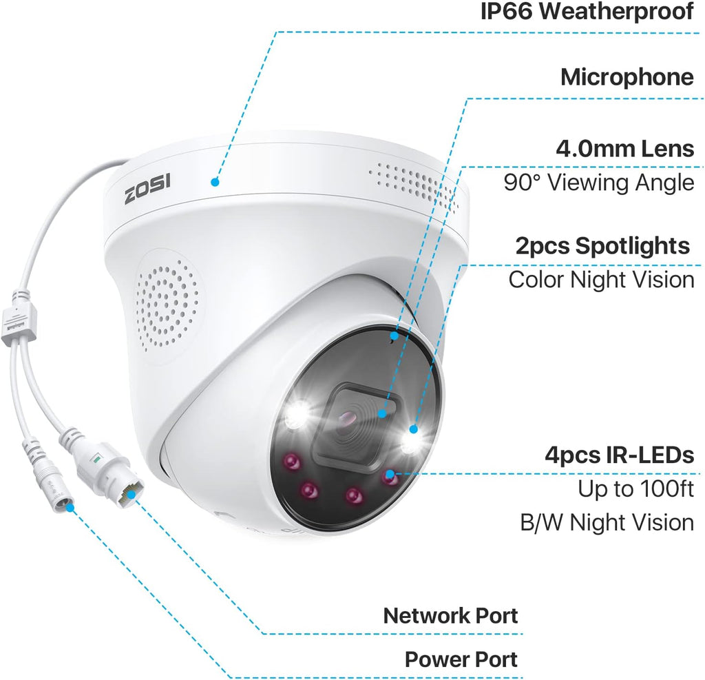 ZOSI 4K Security Camera System, 12X 8MP PoE IP Camera for Outdoor Monitoring with Smart Person Detection, Spotlight Alarm, Color Night Vision, 16CH 4TB HDD NVR for 24/7 Video and Audio Surveillance