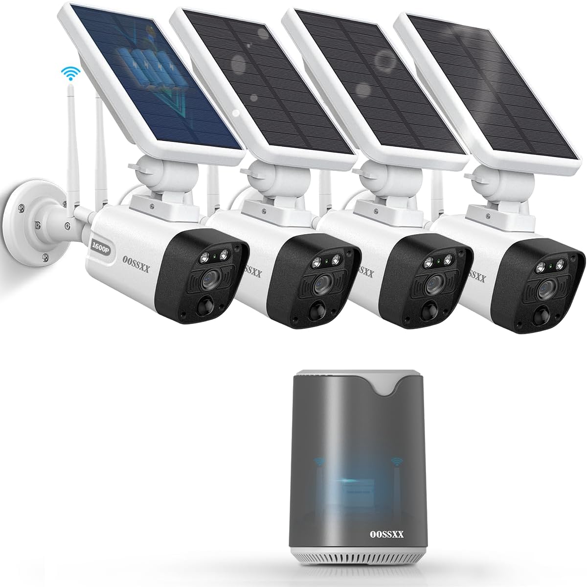 OOSSXX (2026 New) Solar Wireless Security Camera System, 4MP 4-Cam Kit with 4CH NVR, 2.4/5.8GHz Dual WiFi, 55% Longer Range Dual Antennas, 130° Wide Angle, No Fee App, IP65