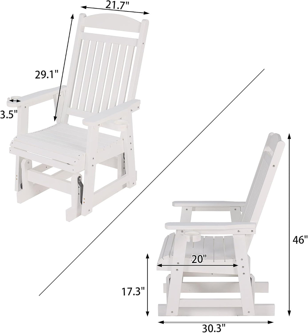 Poly Lumber Patio Glider for One Person, with Cup Holders, High Backrest and Deep Contoured Seat, HIPS Material, All-Weather Resistant, Heavy Duty 700 LBS (Ivory White)