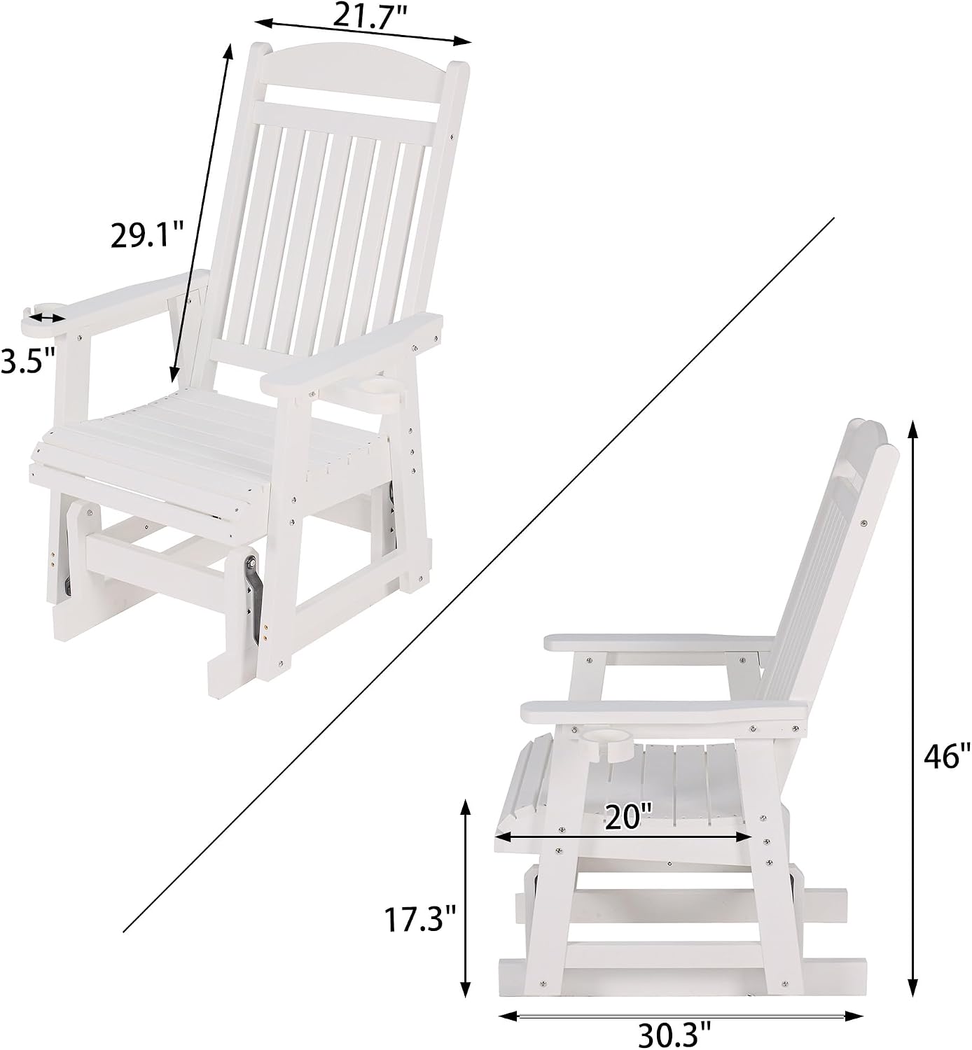 Poly Lumber Patio Glider for One Person, with Cup Holders, High Backrest and Deep Contoured Seat, HIPS Material, All-Weather Resistant, Heavy Duty 700 LBS (Ivory White)