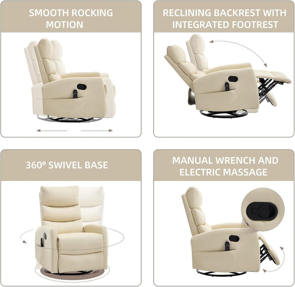 PELUMY 360° Swivel Rocker Recliner with Heat & Vibration Massage, Glider Rocking Chair for Adults, Compact Recliner for Living Room, Small Spaces, Nursery, Bedroom (Breathable Leather, Creamy Beige)
