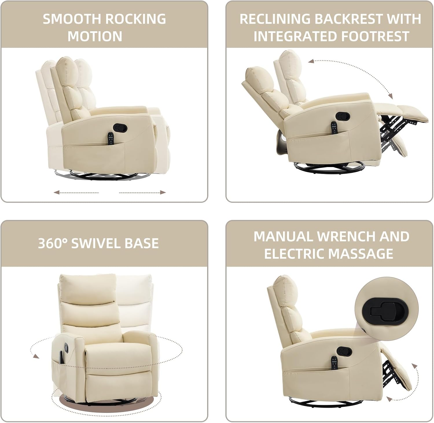 PELUMY 360° Swivel Rocker Recliner with Heat & Vibration Massage, Glider Rocking Chair for Adults, Compact Recliner for Living Room, Small Spaces, Nursery, Bedroom (Breathable Leather, Creamy Beige)